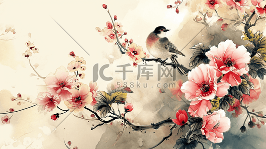 彩色水墨艺术插画图片_彩色水墨中国风花鸟插画8