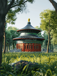 绿色中国风传统古典建筑风景插画14