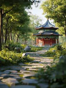 绿色20插画图片_绿色中国风传统古典建筑风景插画20