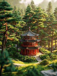 绿色中国风传统古典建筑风景插画9