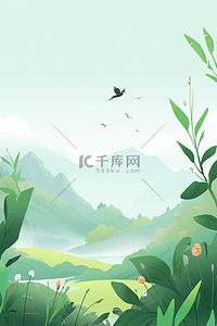 绿树花草春天风景手绘海报原创插画