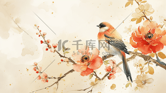 中国风花朵树枝插画图片_彩色水墨中国风花鸟插画1