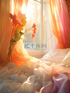 白色床插画图片_浪漫的卧室白色窗帘插画