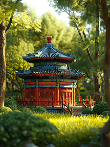 绿色中国风传统古典建筑风景插画18