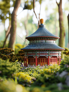 绿色中国风传统古典建筑风景插画15