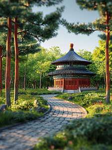 绿色中国风传统古典建筑风景插画19