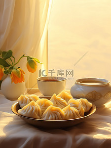 桌子上的饺子美食插画设计