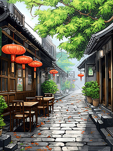 破旧小巷子插画图片_江南古镇的小巷子矢量插画