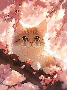 浪漫的海报插画图片_樱花树上的可爱小猫插画海报