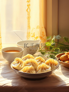 桌子上的饺子美食插画