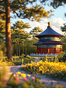 绿色中国风传统古典建筑风景插画5