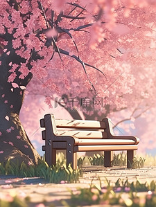 浪漫长椅插画图片_浪漫樱花树下长椅插画设计