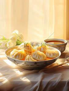 桌子上的饺子美食插画素材