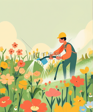 春天园丁浇花花园自然风景矢量插画