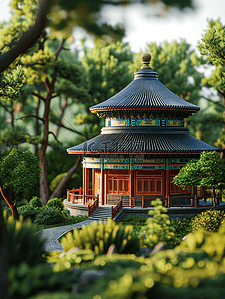 绿色传统中国风插画图片_绿色中国风传统古典建筑风景插画13