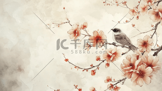 中国风花朵树枝插画图片_彩色水墨中国风花鸟插画21