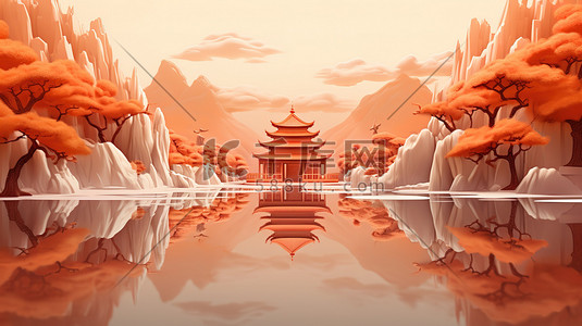 浅橙色中国风山水画插画海报
