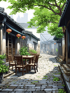 破旧小巷子插画图片_江南古镇的小巷子插图