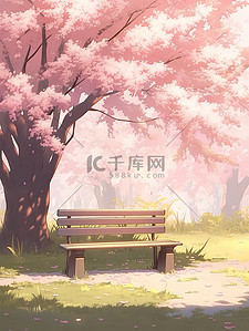 浪漫樱花树下长椅插画