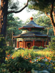 绿色传统中国风插画图片_绿色中国风传统古典建筑风景插画2