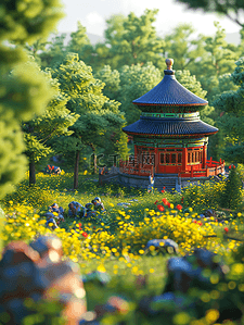绿色传统中国风插画图片_绿色中国风传统古典建筑风景插画11