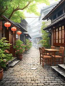 江南古镇的小巷子插画图片