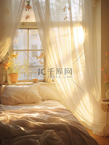 浪漫的卧室白色窗帘矢量插画