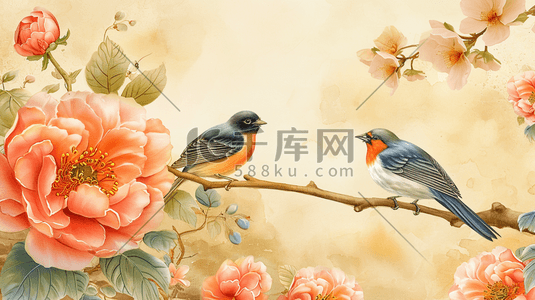 中国风花朵树枝插画图片_彩色水墨中国风花鸟插画18