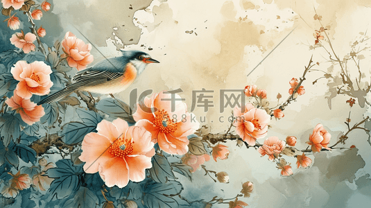 彩色水墨艺术插画图片_彩色水墨中国风花鸟插画19