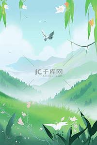 原创绿色海报插画图片_海报春天绿树花草风景手绘原创插画