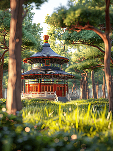 绿色传统中国风插画图片_绿色中国风传统古典建筑风景插画6