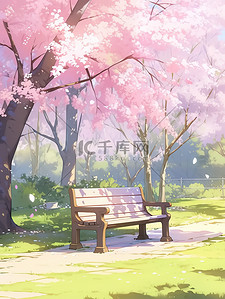 浪漫长椅插画图片_浪漫樱花树下长椅插图