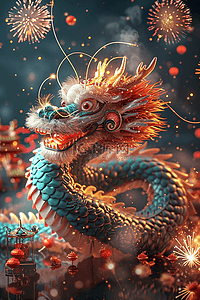 厨师布朗熊插画图片_新年龙年立体插画烟花海报