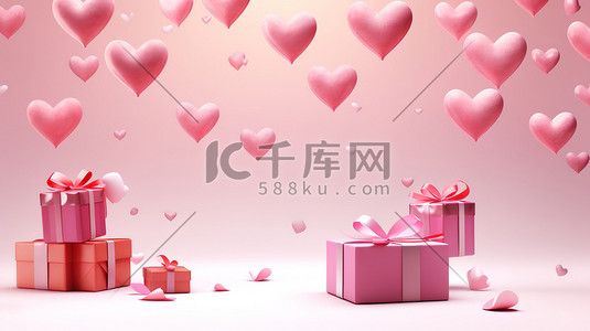 礼盒包装设计喜庆插画图片_漂浮的心形和粉色礼物插画设计