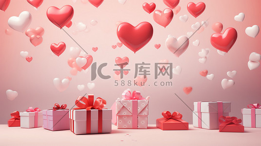 漂浮礼盒插画图片_漂浮的心形和粉色礼物插画海报