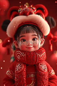 背景辉光插画图片_龙头帽新年女孩3d立体手绘海报插图