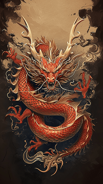 中国风新年插画古典龙手绘