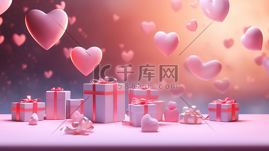 漂浮3d插画图片_漂浮的心形和粉色礼物插图