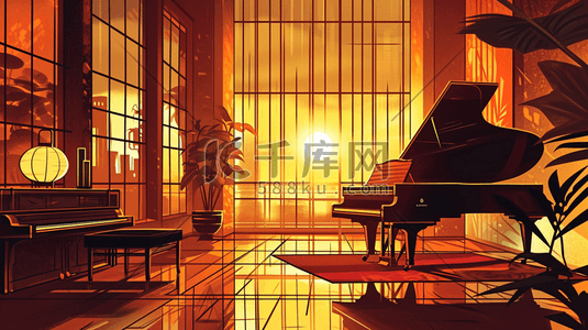 客厅钢琴插画图片_手绘客厅钢琴展示阳光插画1