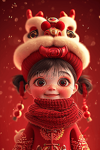 设计上的中国插画图片_新年3d女孩龙头帽立体手绘海报插画设计
