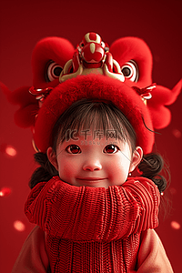 光条插画图片_新年女孩3d立体手绘海报龙头帽图片