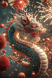 中国传统文化风格插画图片_新年龙年立体烟花插画海报