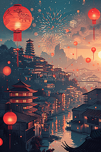 烟花光插画图片_新年灯笼古典小镇插画手绘海报