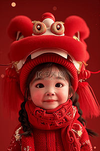 坐着背插画图片_新年女孩3d立体龙头帽手绘海报插画