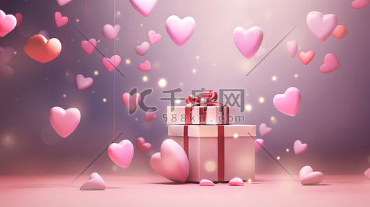 漂浮3d插画图片_漂浮的心形和粉色礼物插画设计