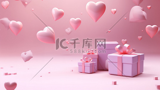 漂浮3d插画图片_漂浮的心形和粉色礼物插画海报