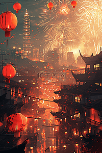 旅行海报插画图片_灯笼古典小镇新年手绘插画海报