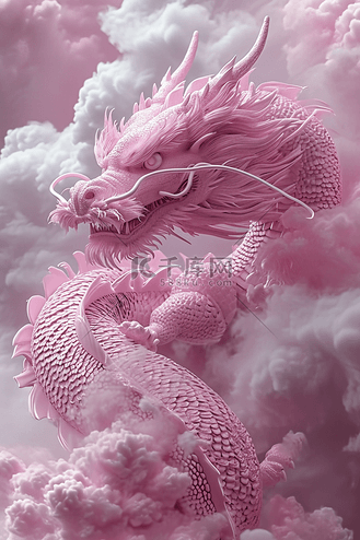 雕刻龙年粉色的龙立体手绘插画