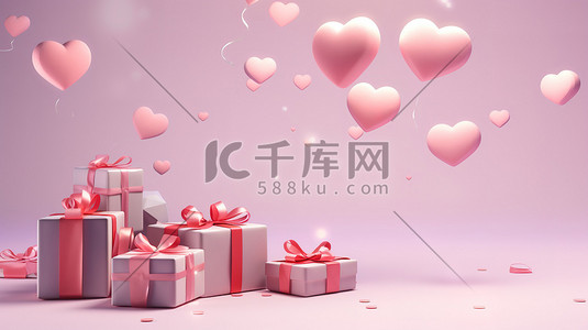 心形礼盒插画图片_漂浮的心形和粉色礼物插画图片