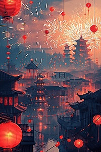 烟花光插画图片_新年插画灯笼古典小镇手绘海报